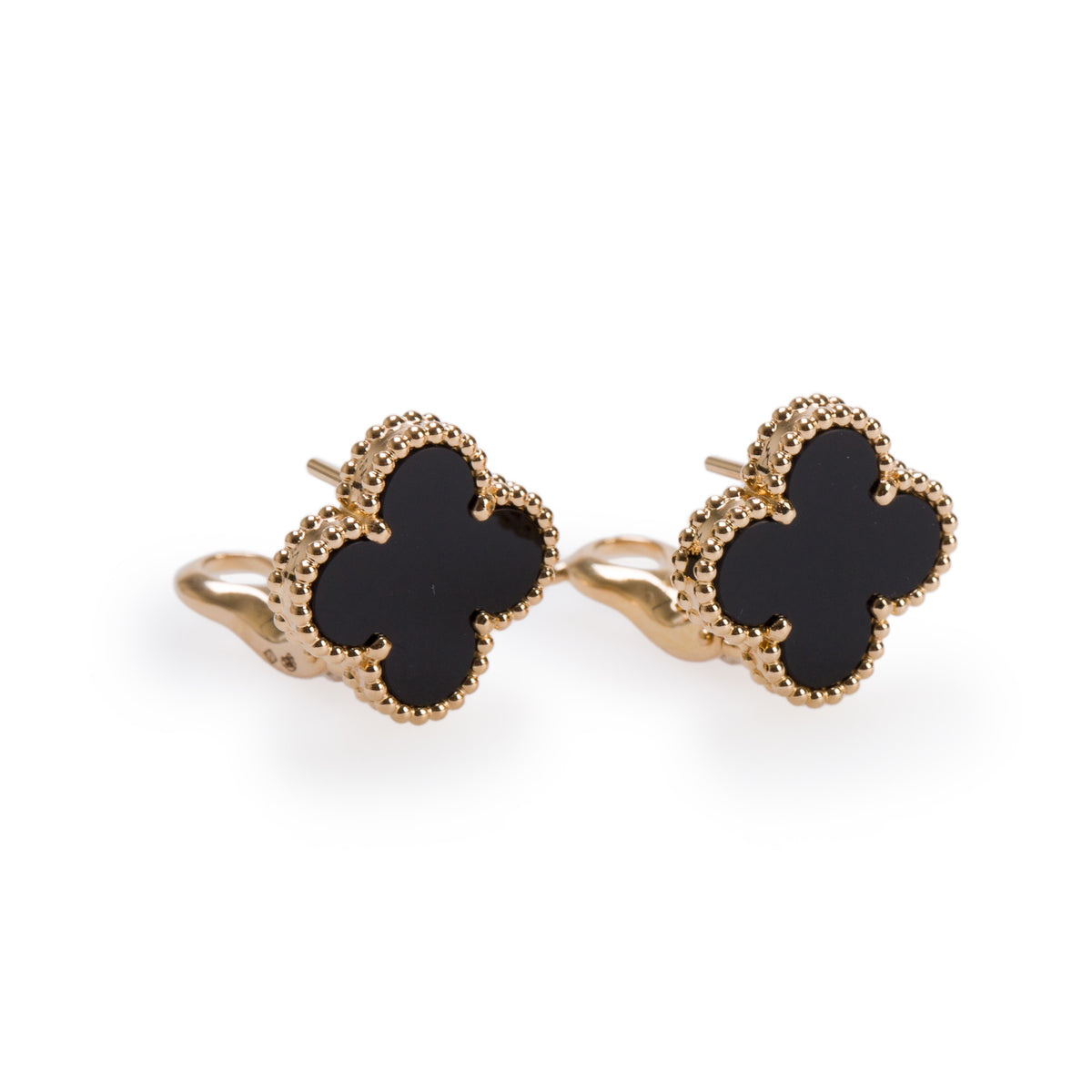 Van Cleef & Arpels 2024 18k Yellow Gold Vintage Alhambra Onyx Stud Earrings w/ Box, Receipt & Certificate