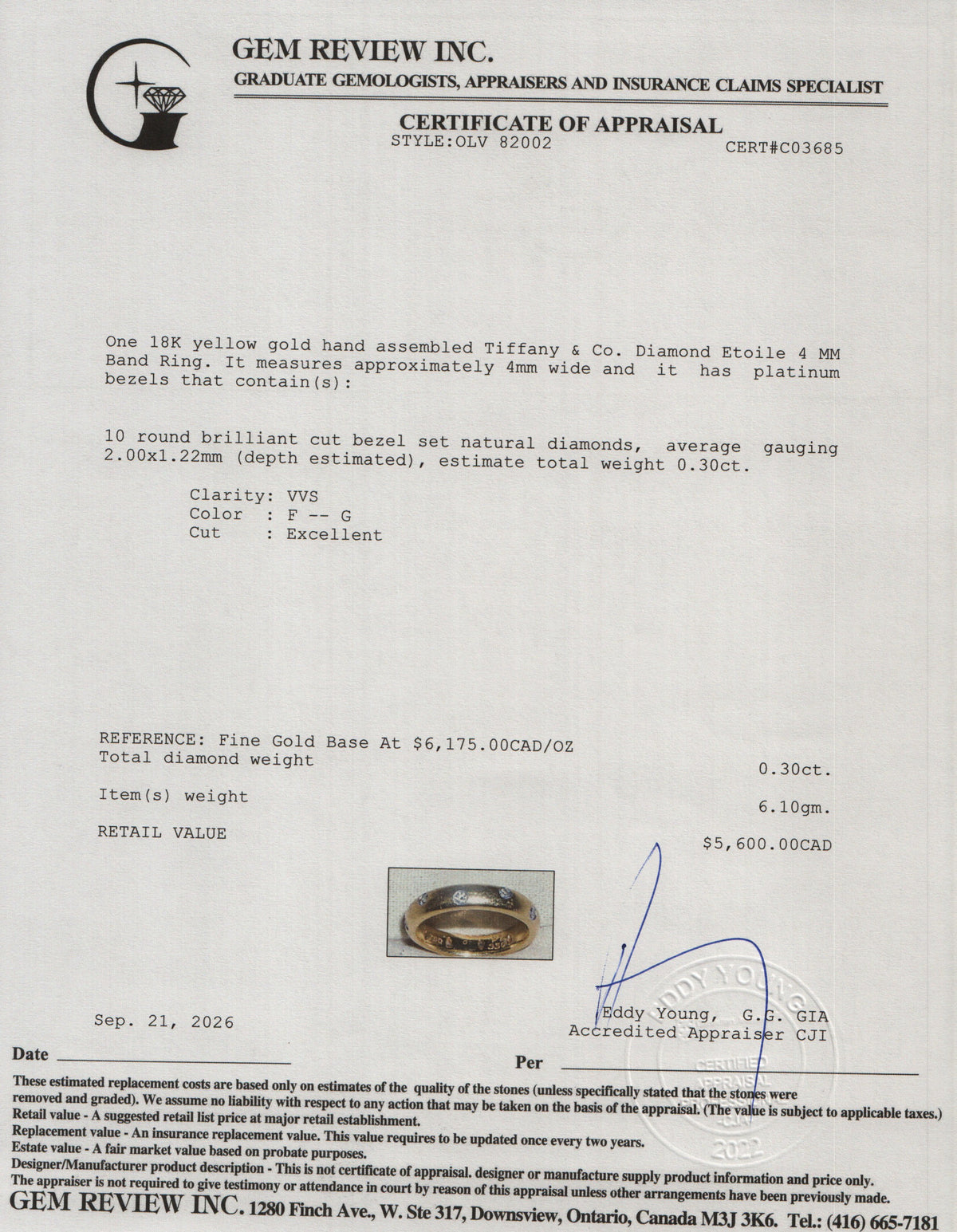 Tiffany & Co. 18k Yellow Gold Diamond Etoile 4 MM Band Ring, Size 7