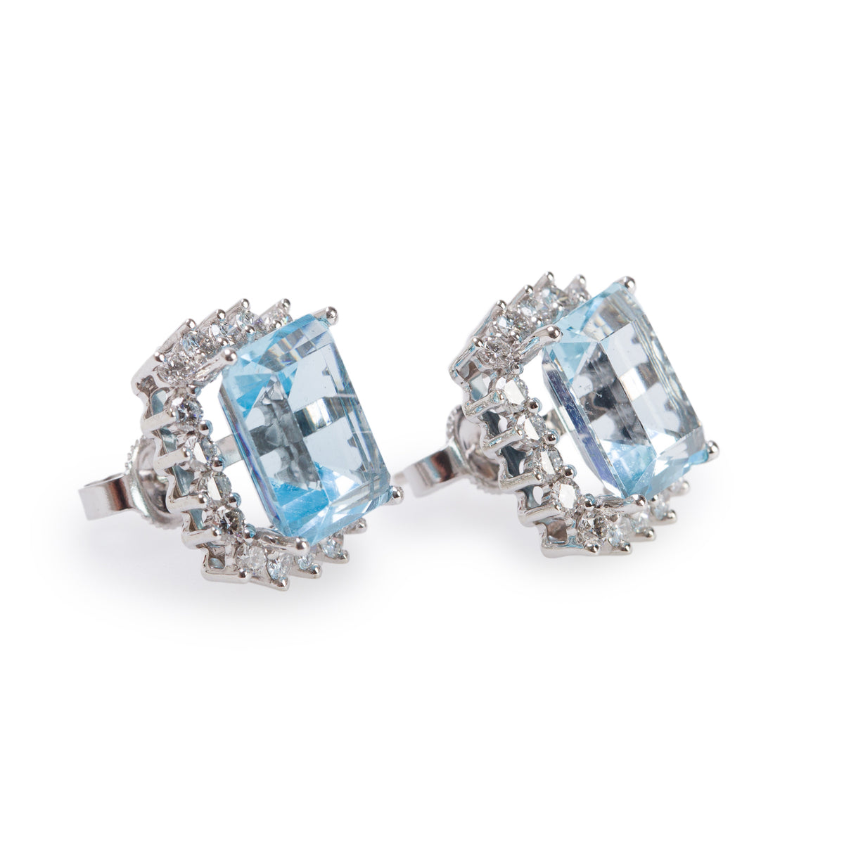 14k White Gold Blue Topaz & Diamond Stud Earrings