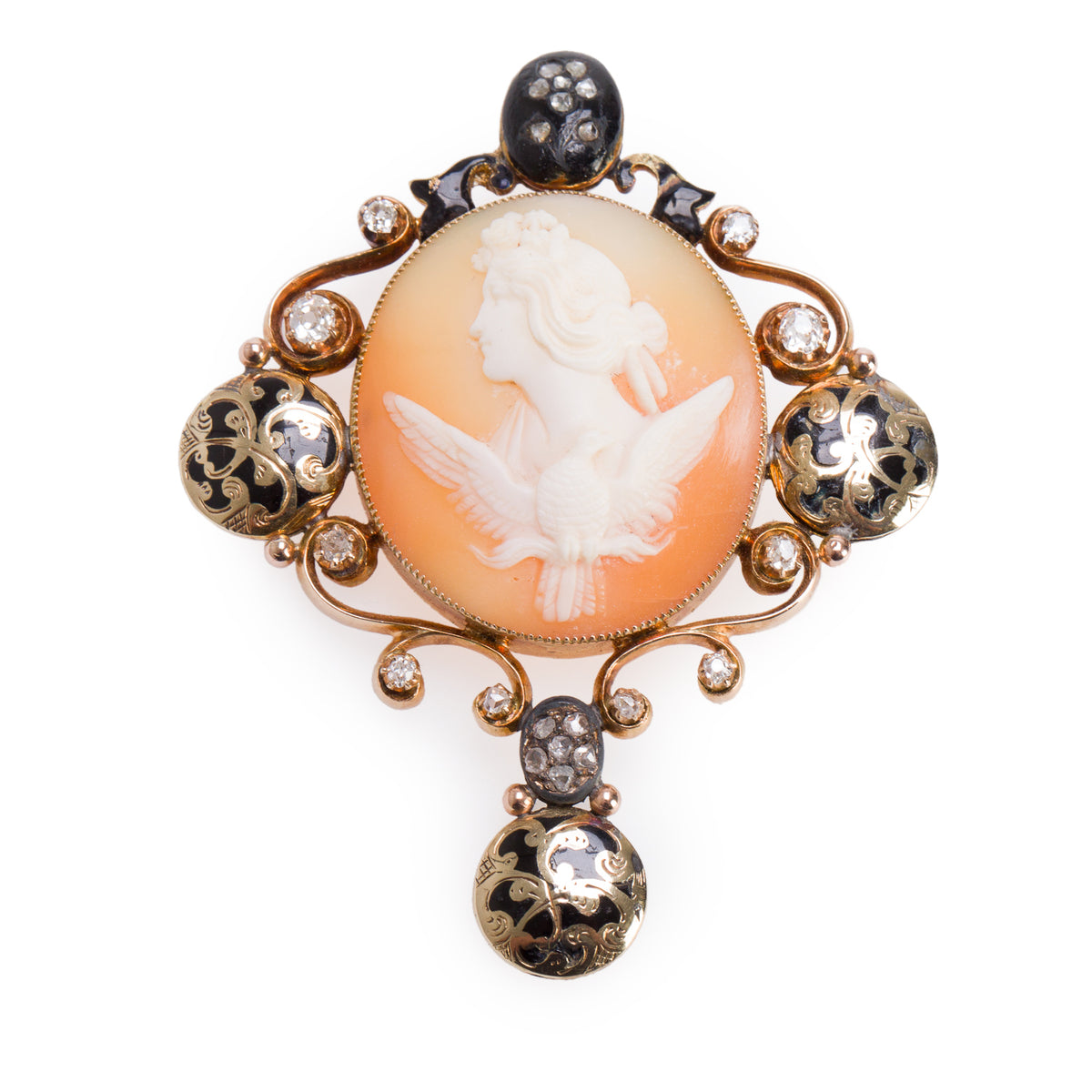 Antique 14k Yellow Gold Diamond Lady Shell Cameo Pendant