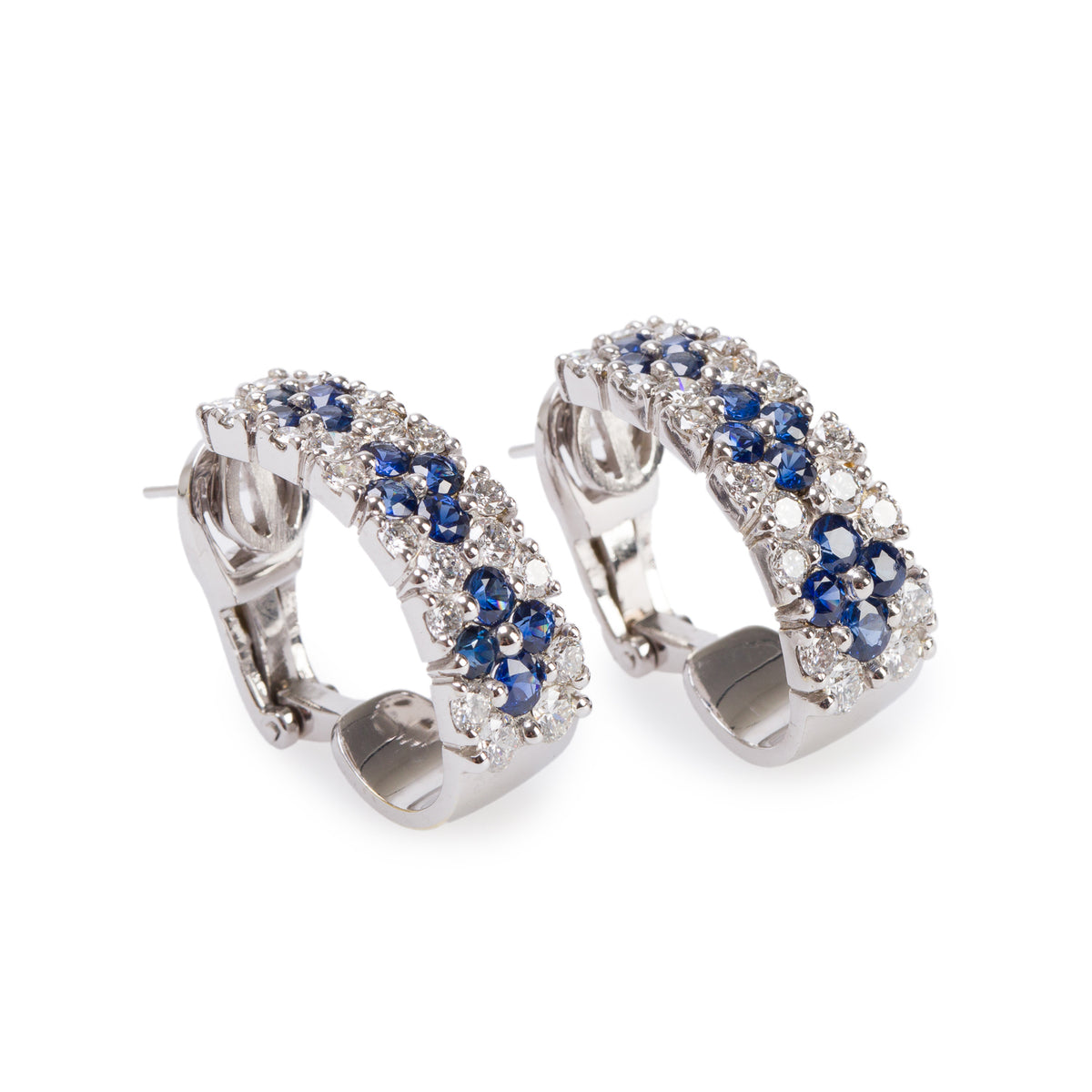 18k White Gold Blue Sapphire & Diamond Hoop Earrings