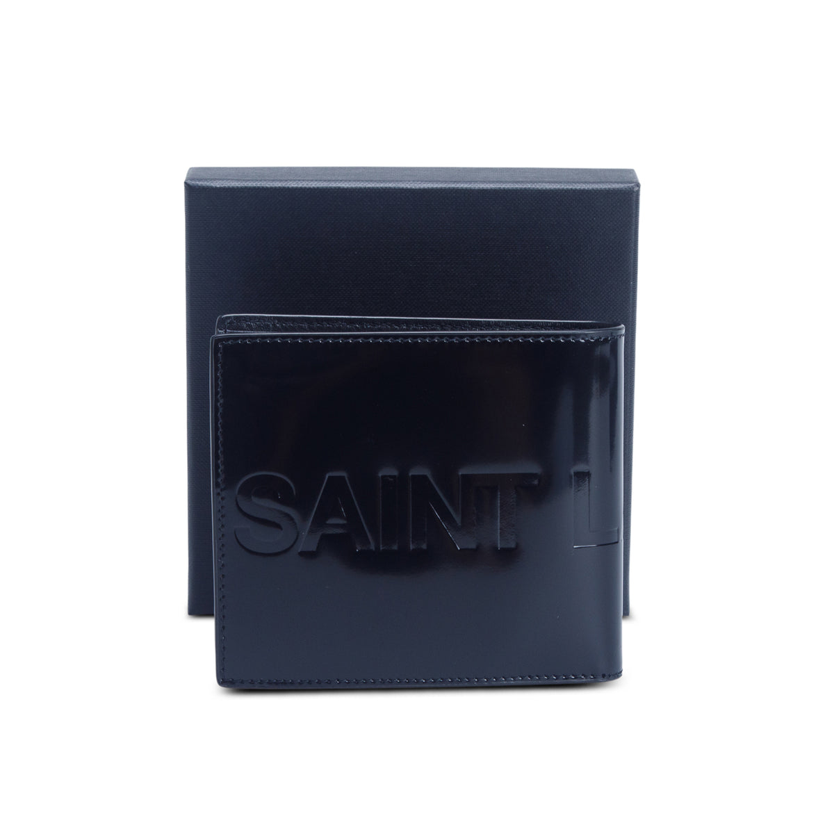 Saint Laurent 2023 Black Patent Leather Logo Bifold Wallet w/ Box