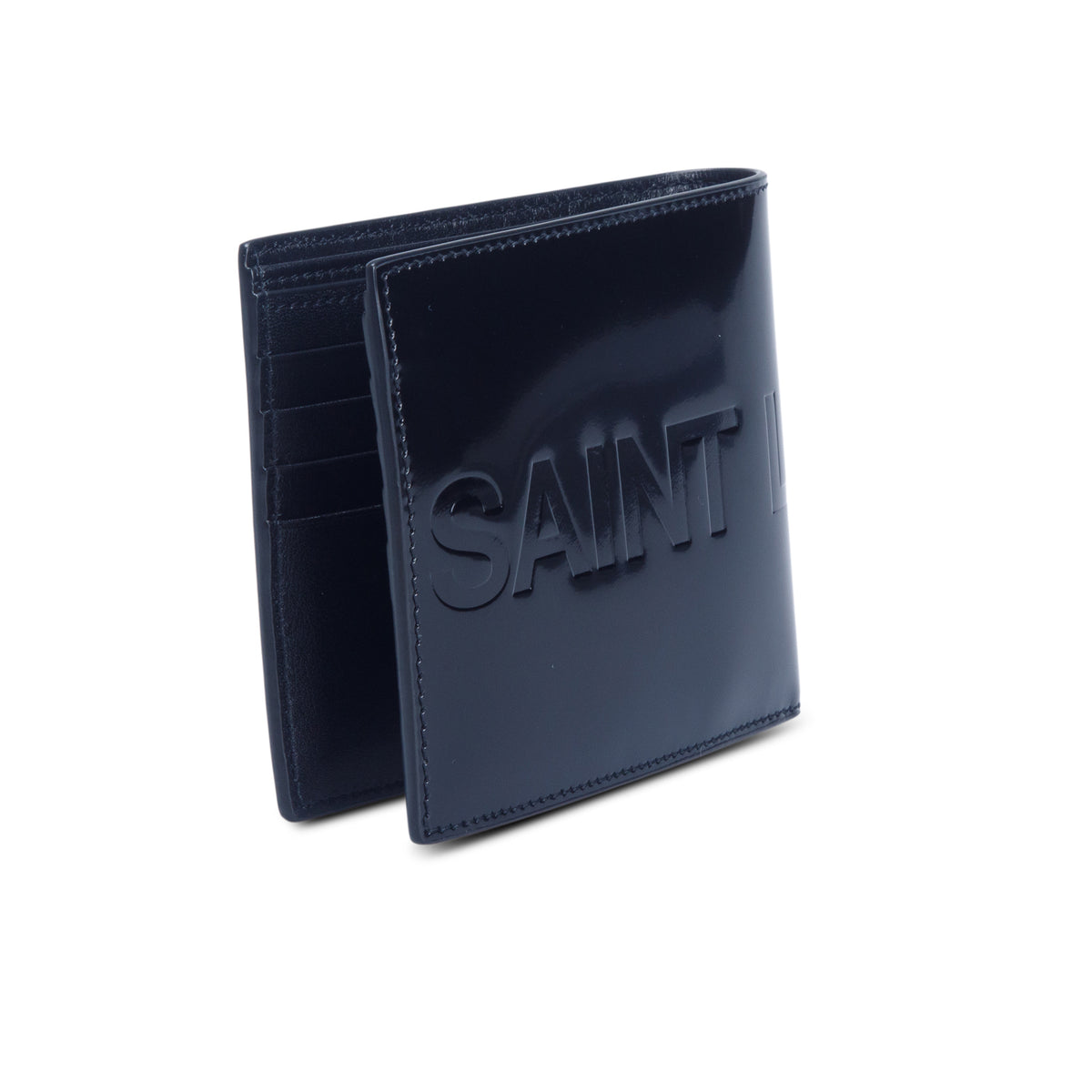 Saint Laurent 2023 Black Patent Leather Logo Bifold Wallet w/ Box