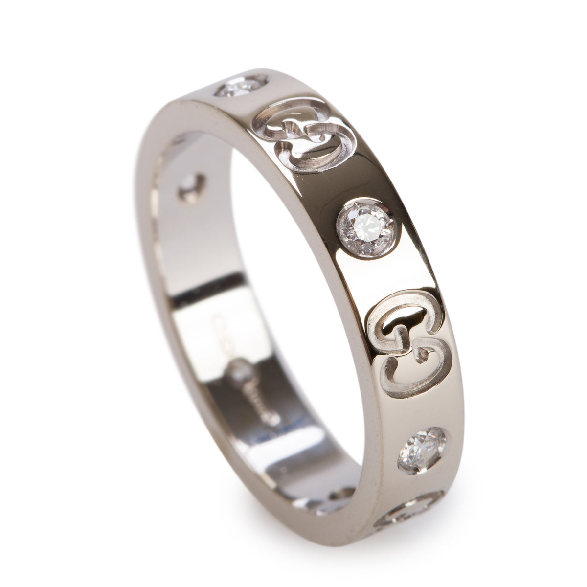 Gucci 18k White Gold Diamond Icon Ring, Size 11 5.5