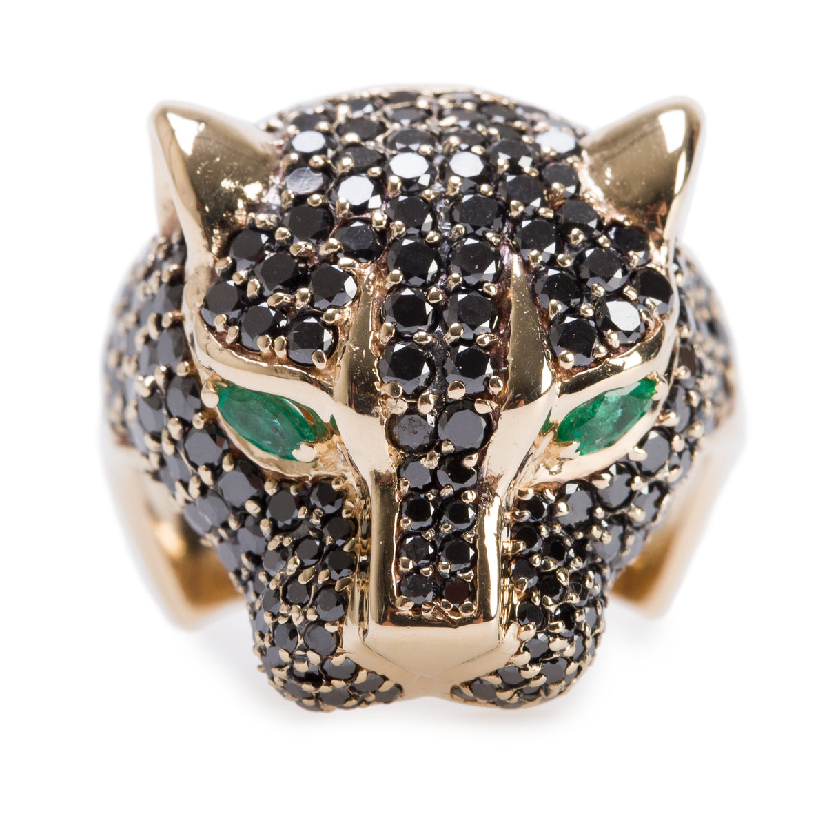 Effy 14k Yellow Gold Black Diamond & Emerald Panther Bypass Ring, Size 12