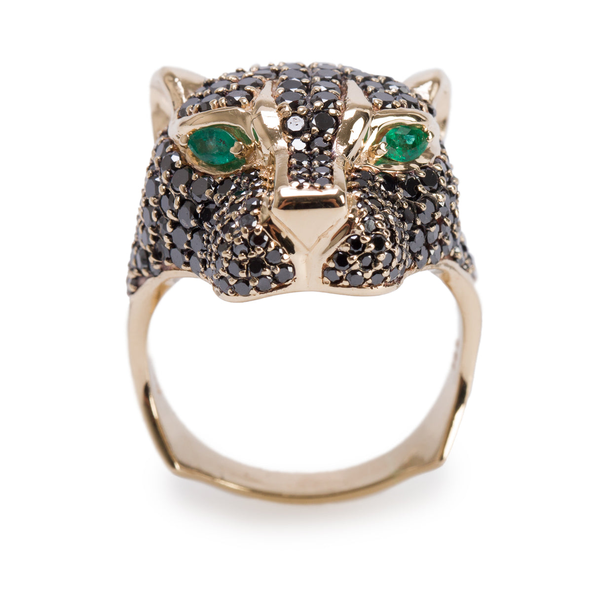 Effy 14k Yellow Gold Black Diamond & Emerald Panther Bypass Ring, Size 12