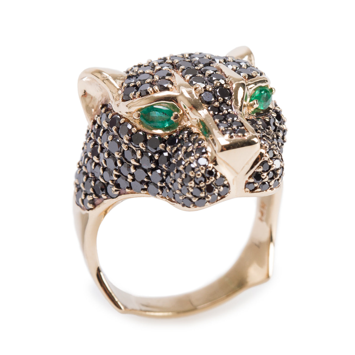 Effy 14k Yellow Gold Black Diamond & Emerald Panther Bypass Ring, Size 12