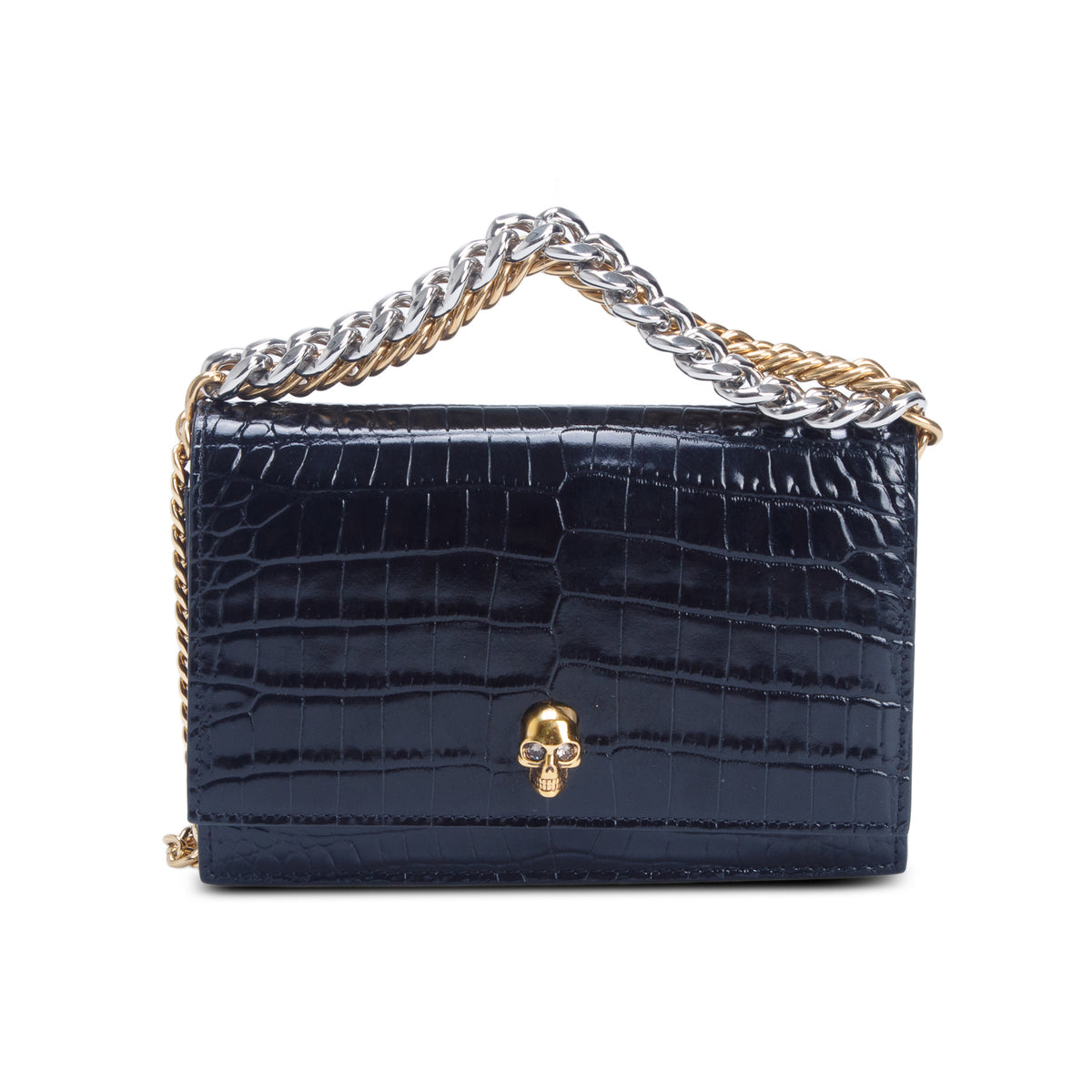 Alexander McQueen Black Glazed Calfskin Croc Embossed Small Skull Shoulder Bag