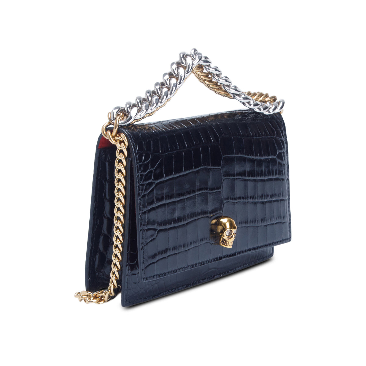 Alexander McQueen Black Glazed Calfskin Croc Embossed Small Skull Shoulder Bag
