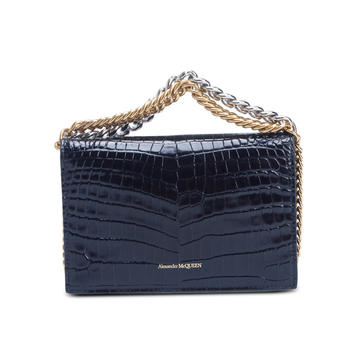 Alexander McQueen Black Glazed Calfskin Croc Embossed Small Skull Shoulder Bag