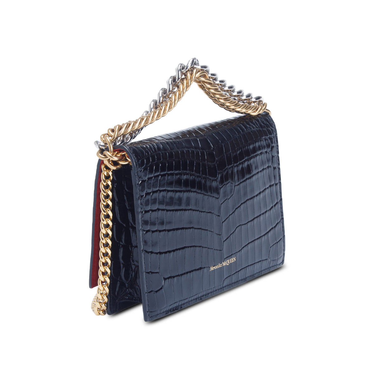 Alexander McQueen Black Glazed Calfskin Croc Embossed Small Skull Shoulder Bag