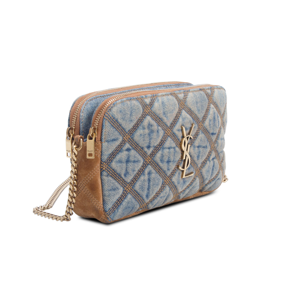 Saint Laurent 2020 Suede Denim Quilted Mini Becky Double Zip Bag