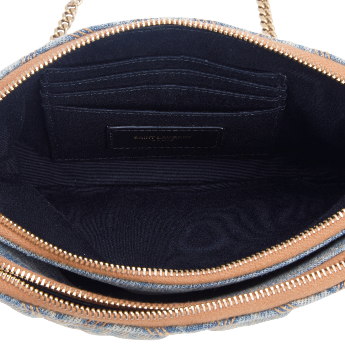Saint Laurent 2020 Suede Denim Quilted Mini Becky Double Zip Bag