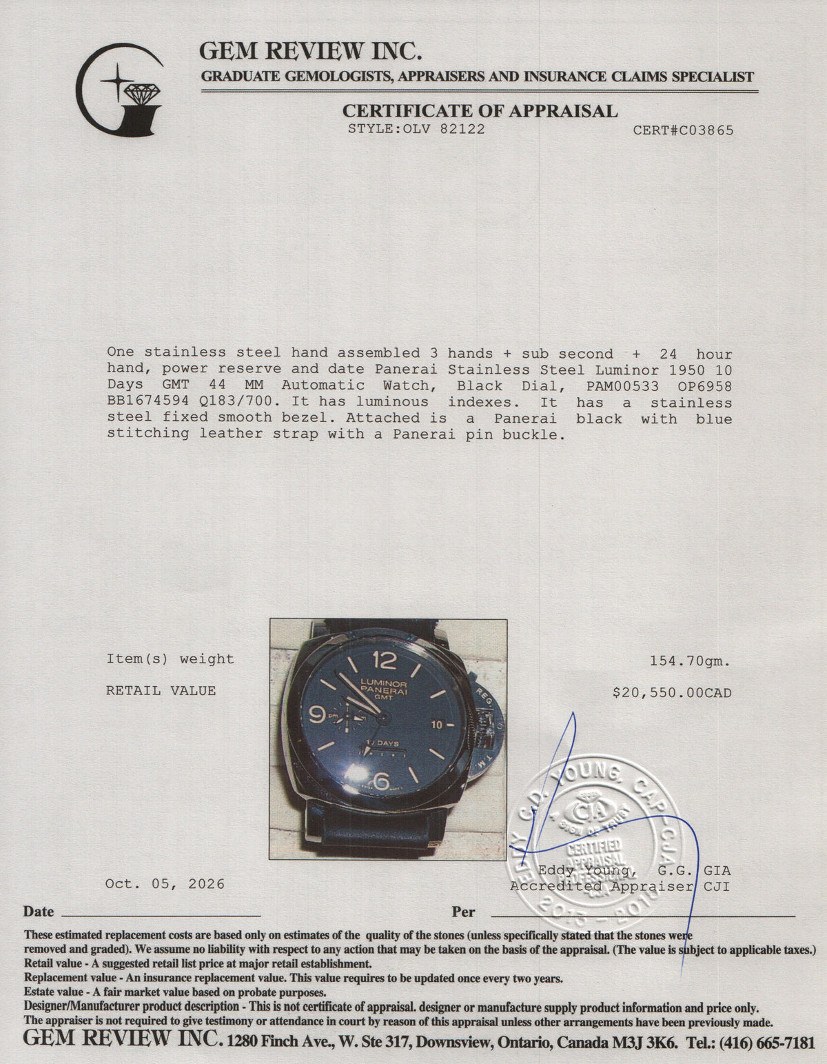 Panerai Stainless Steel Luminor 1950 10 Days GMT 44 MM Automatic Watch Black Dial PAM00533 w/ Box