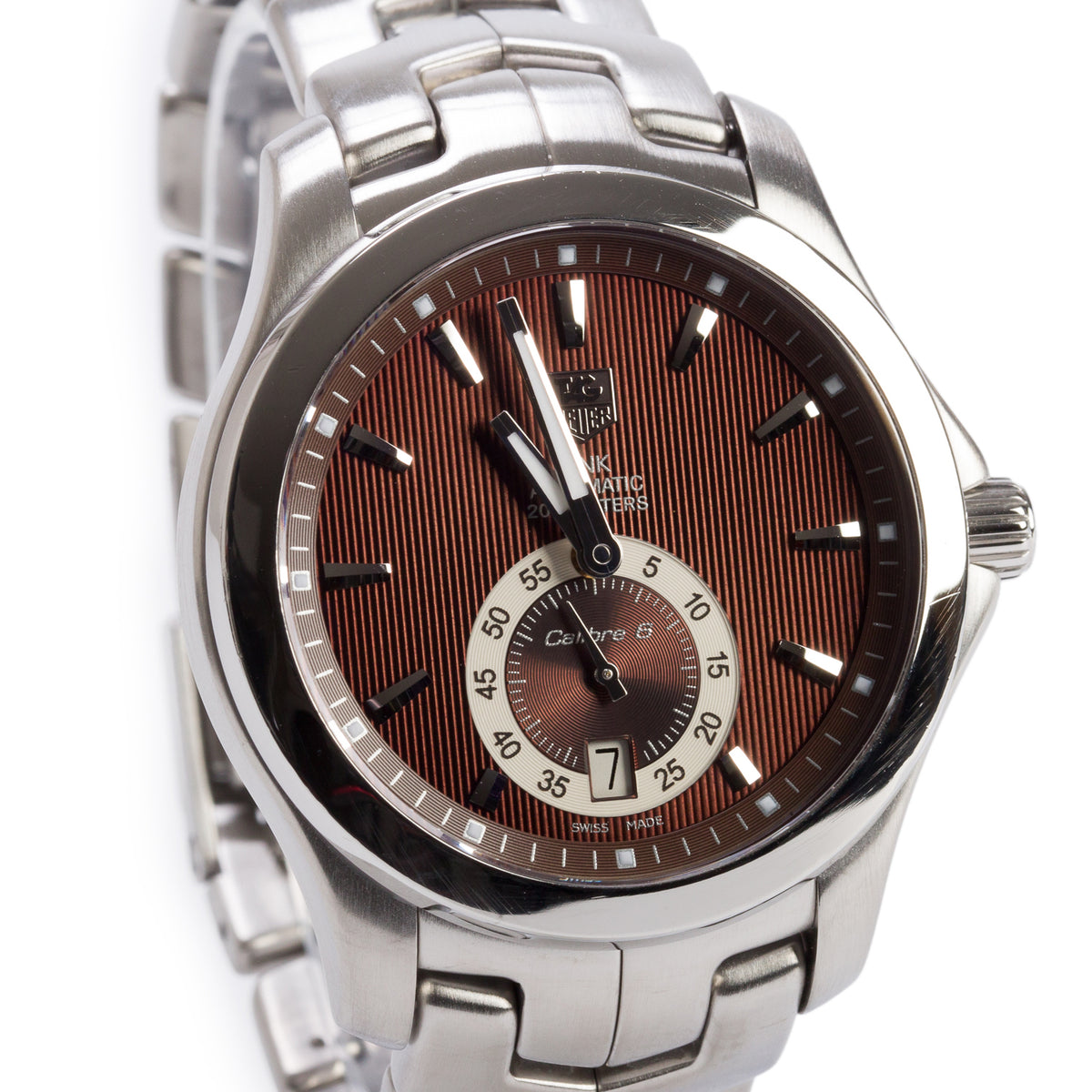 Tag Heuer Stainless Steel Link Calibre 6 39 MM Automatic Watch Brown Dial WJF211C