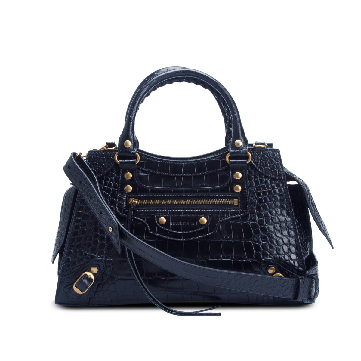 Balenciaga Black Shiny Calfskin Croc Embossed Neo Classic S City w/ Strap