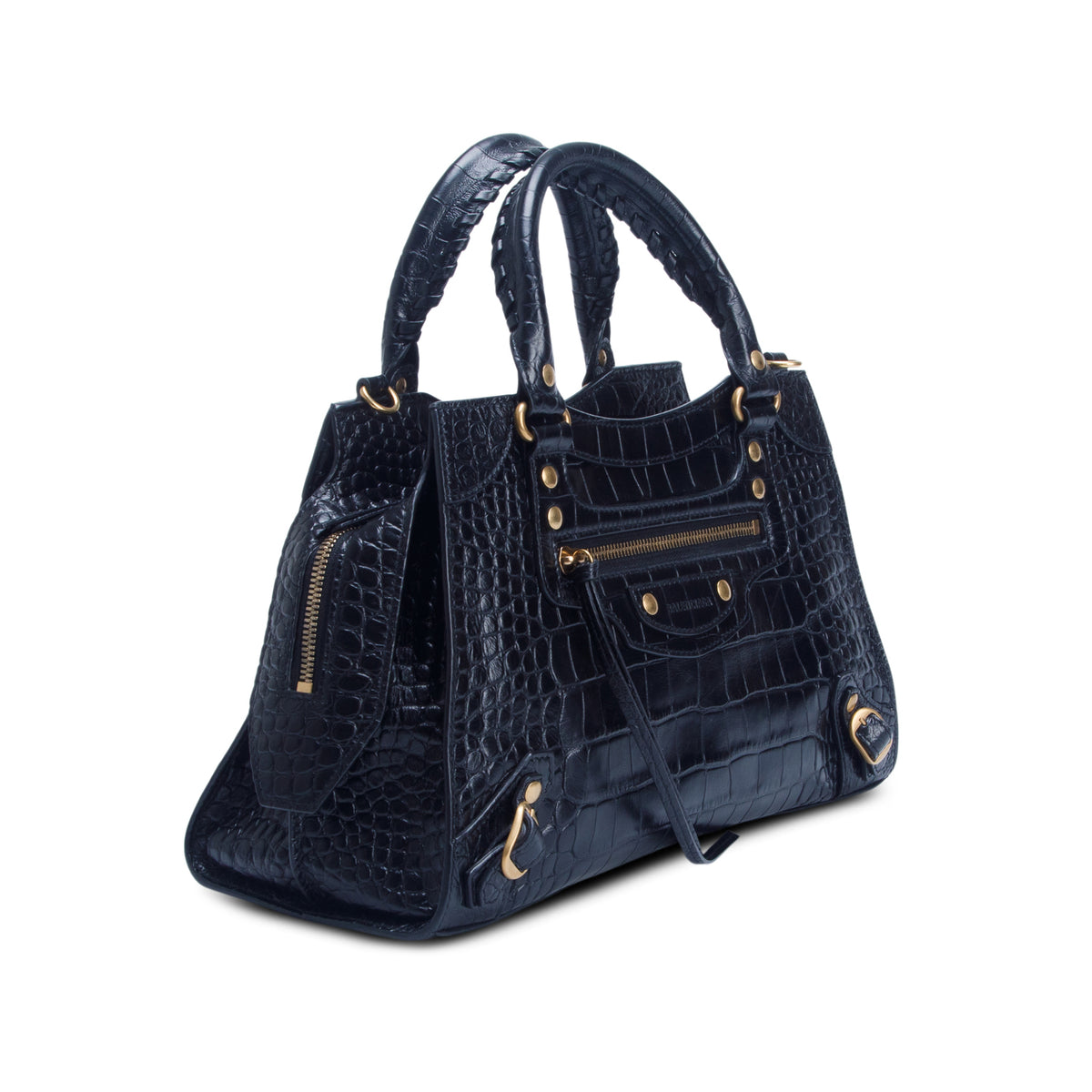 Balenciaga Black Shiny Calfskin Croc Embossed Neo Classic S City w/ Strap