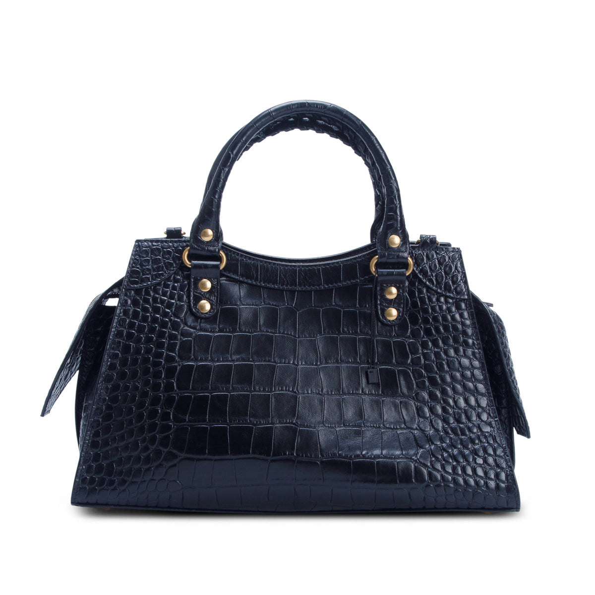 Balenciaga Black Shiny Calfskin Croc Embossed Neo Classic S City w/ Strap