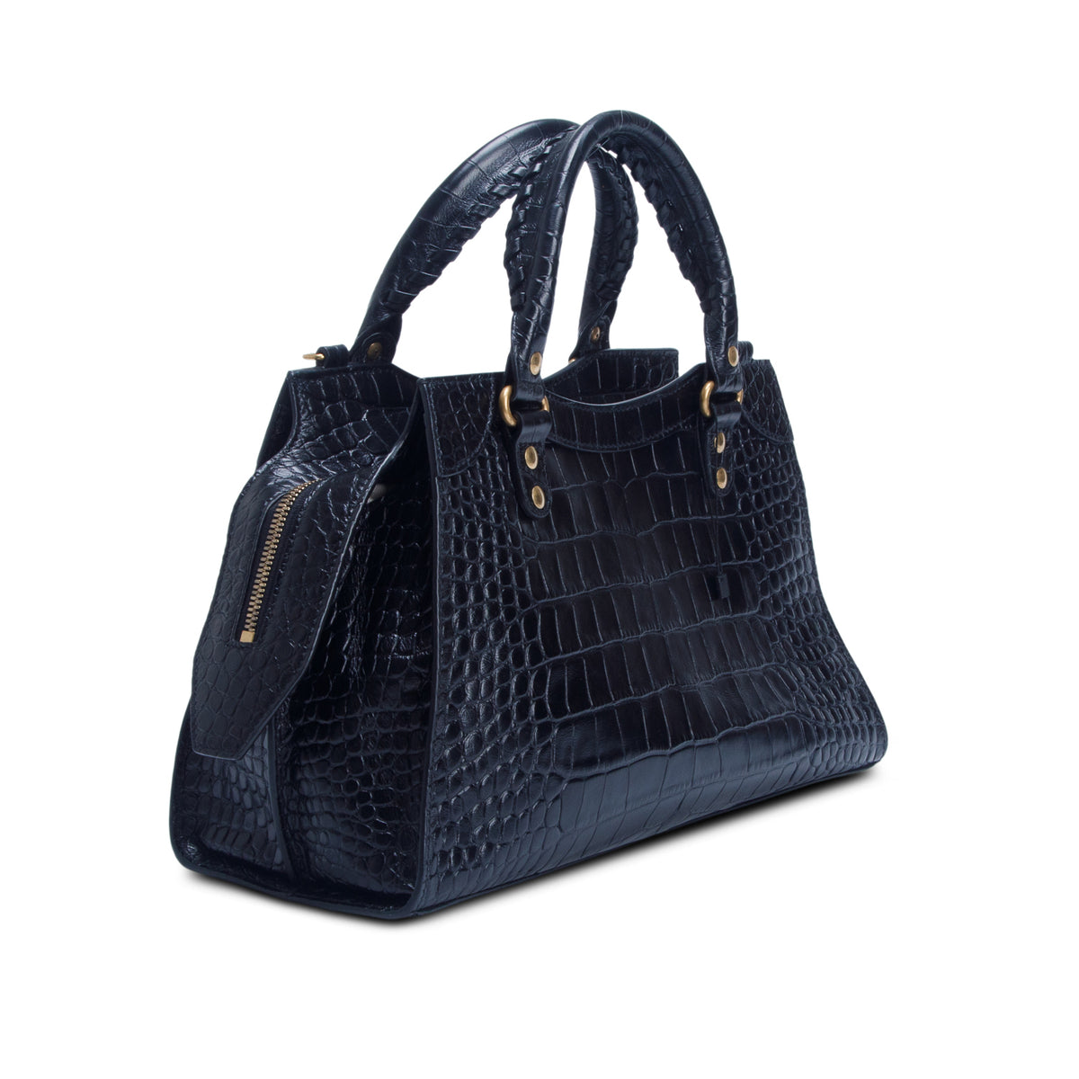 Balenciaga Black Shiny Calfskin Croc Embossed Neo Classic S City w/ Strap