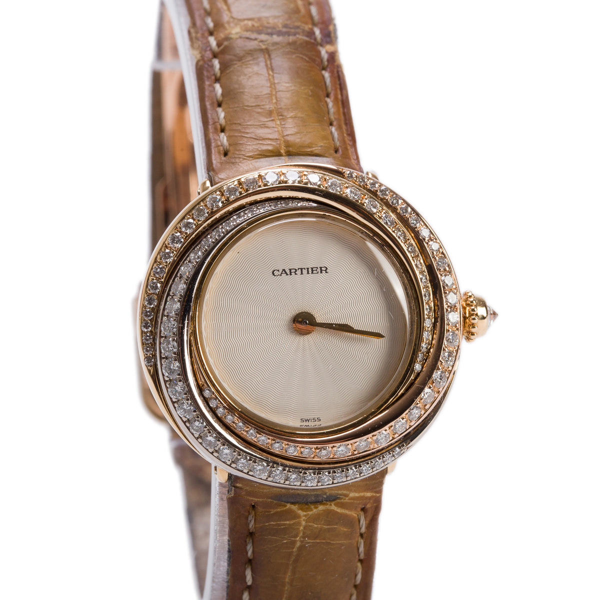 Cartier 18k Tri-Gold Diamond Bezel Trinity 27 MM Quartz Watch Silver Dial 2357 w/ Box