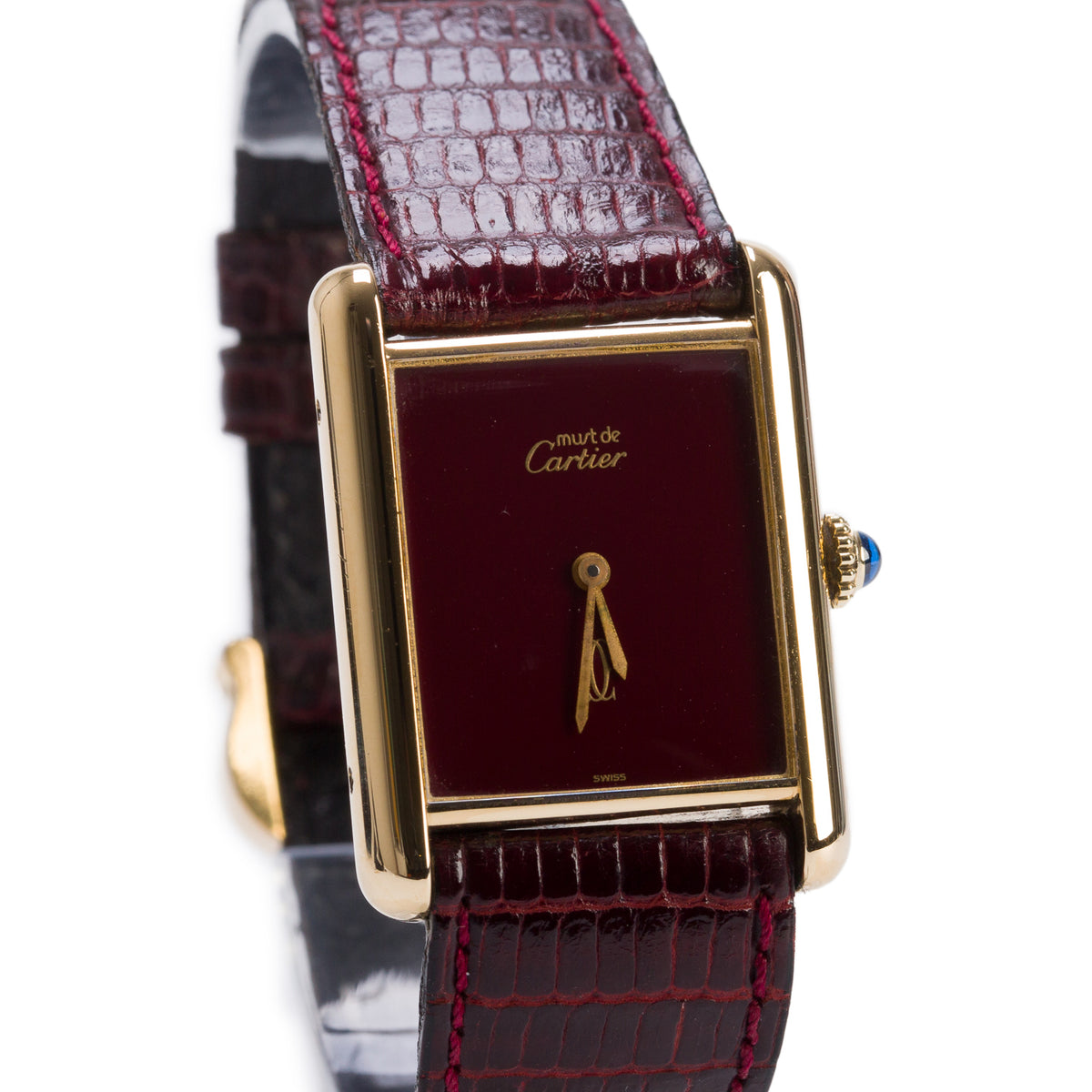 Cartier Vintage 18k Gold Vermeil Sterling Silver Argent Must de Cartier Tank Quartz Watch Burgundy Dial