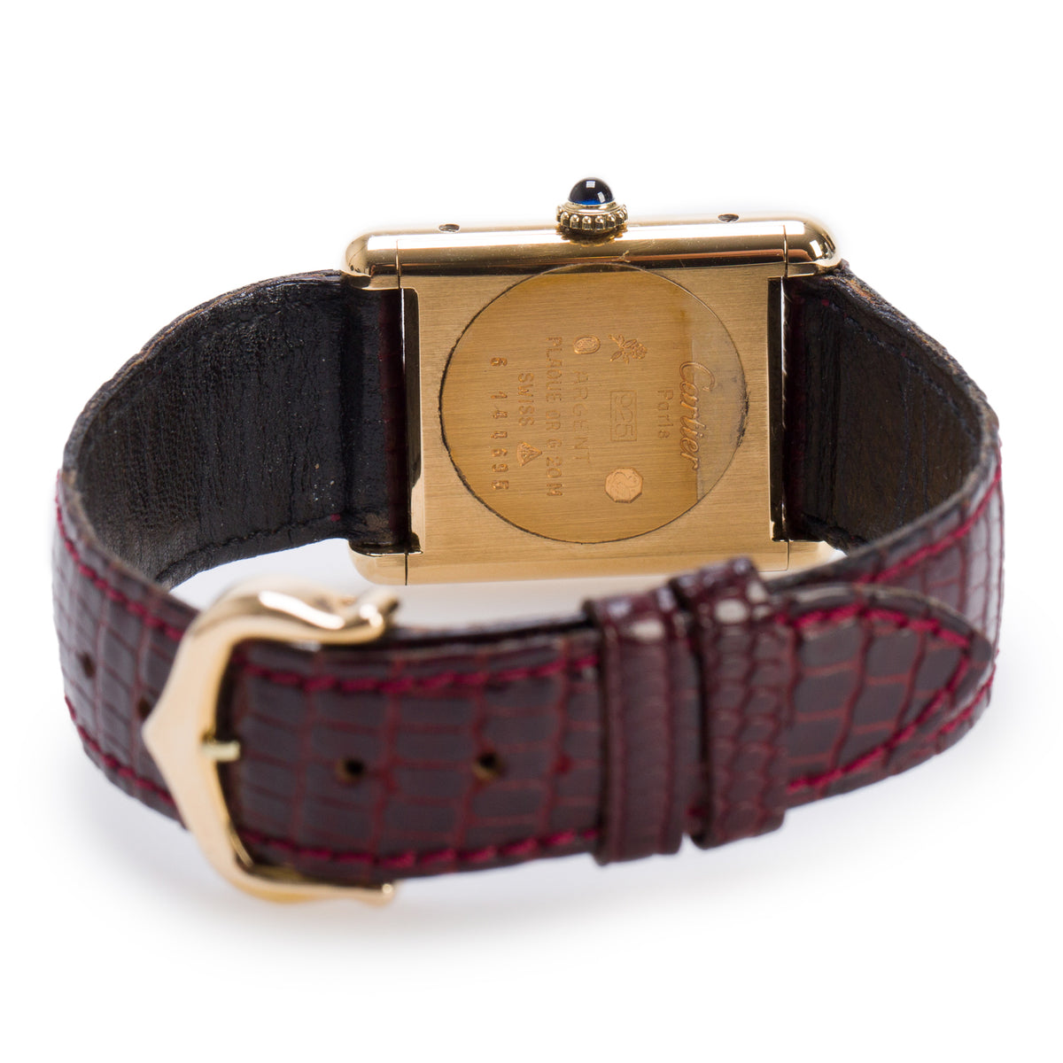 Cartier Vintage 18k Gold Vermeil Sterling Silver Argent Must de Cartier Tank Quartz Watch Burgundy Dial