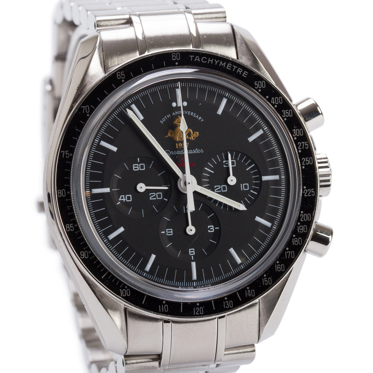Omega Stainless Steel 50th Anniversary Speedmaster Professional 42 MM Manual Chronograph Watch Black Dial