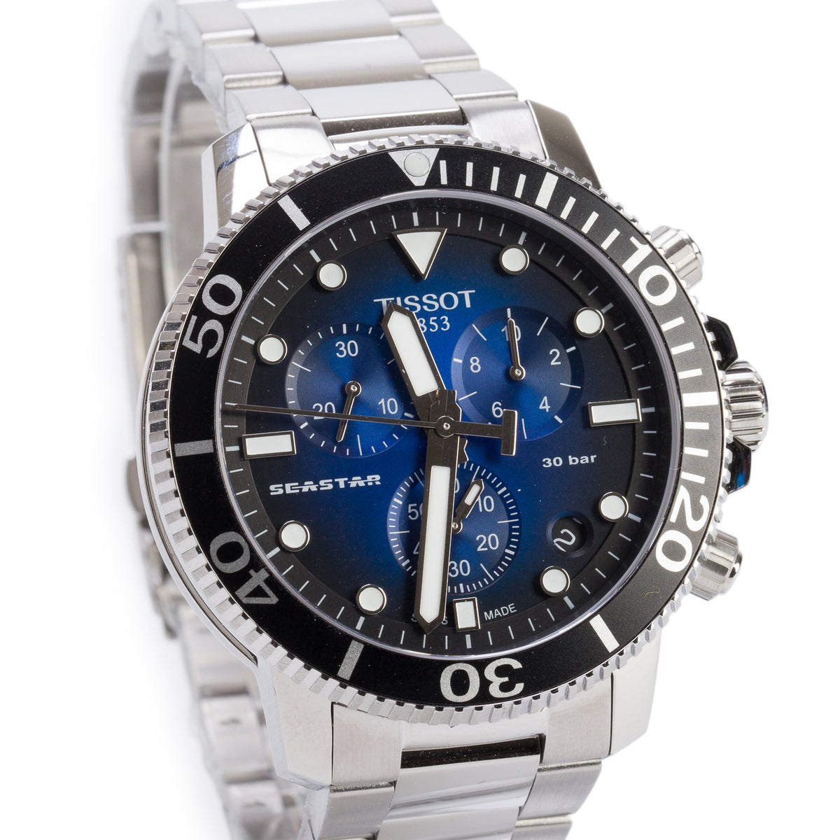 Tissot Stainless Steel Seastar 1000 45.5 MM Chronograph Quartz Watch Blue Gradient Dial w/ Box & Papers