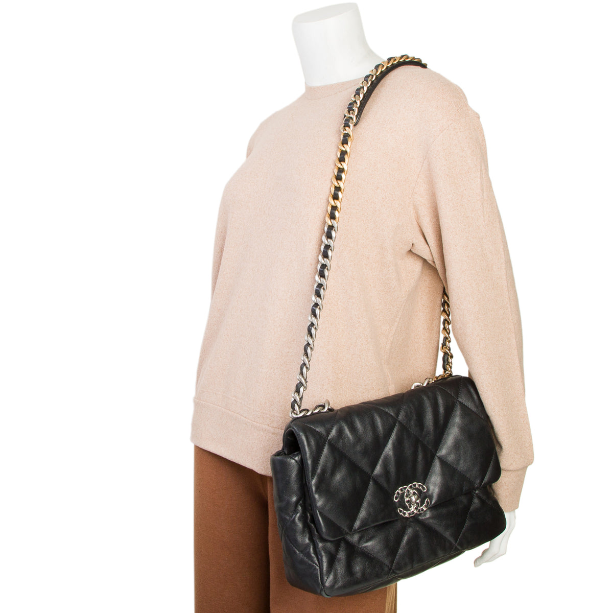 Chanel Black Lambskin Leather Large 19 Flap Bag w/ Box