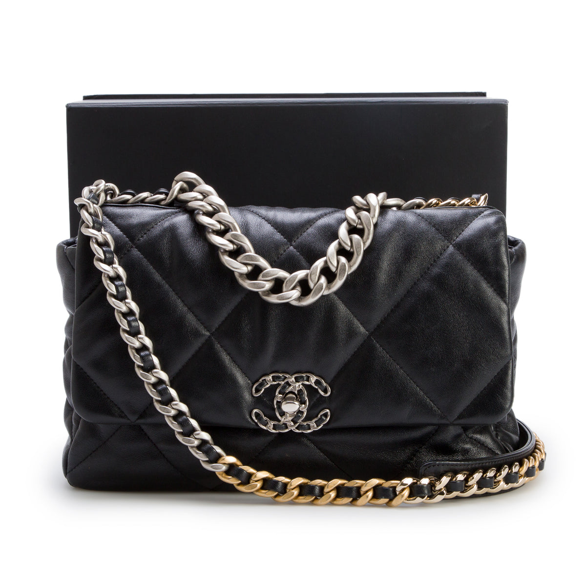 Chanel Black Lambskin Leather Large 19 Flap Bag w/ Box