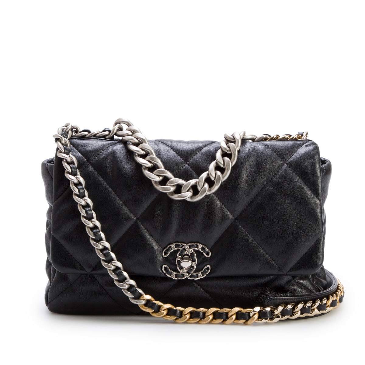 Chanel Black Lambskin Leather Large 19 Flap Bag w/ Box