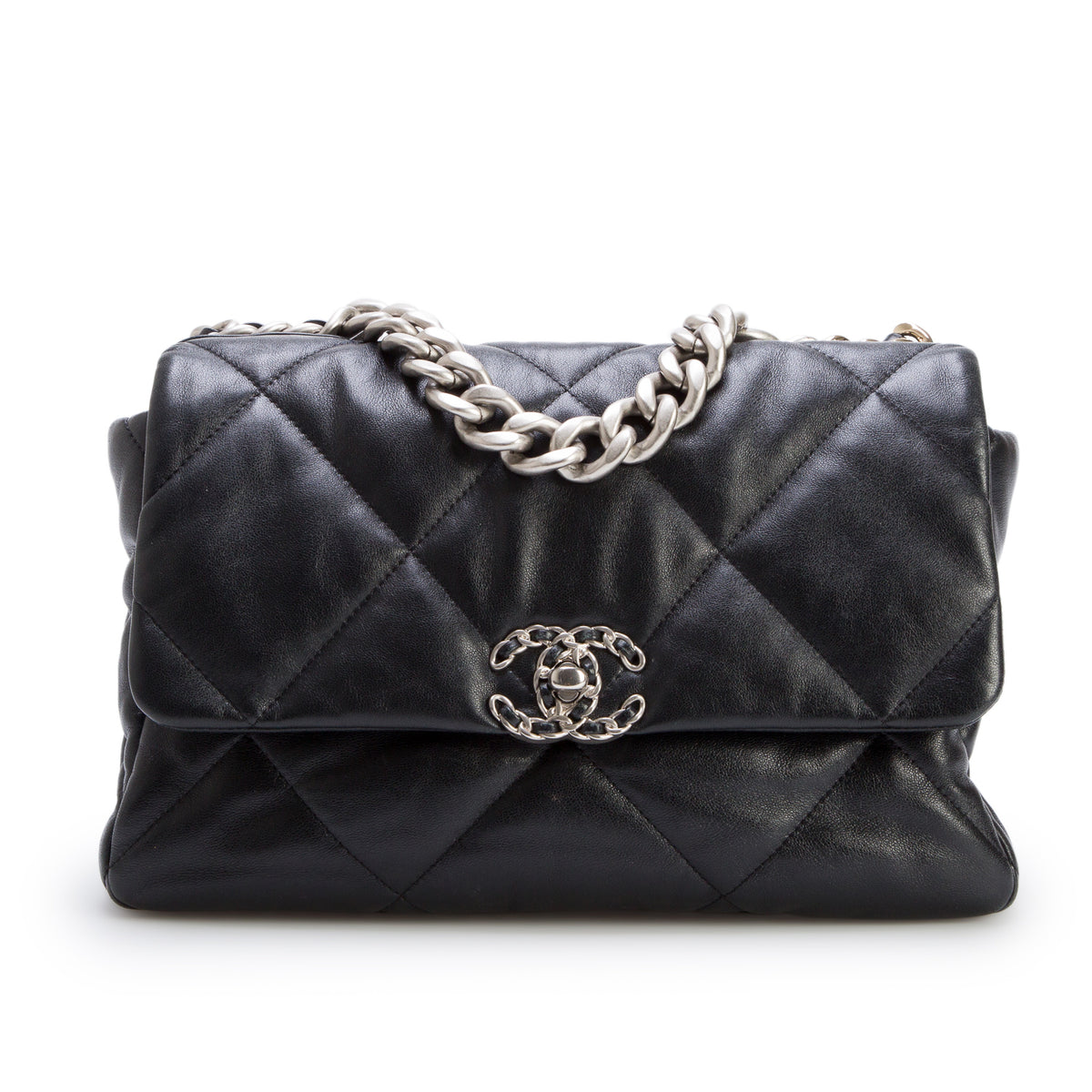 Chanel Black Lambskin Leather Large 19 Flap Bag w/ Box