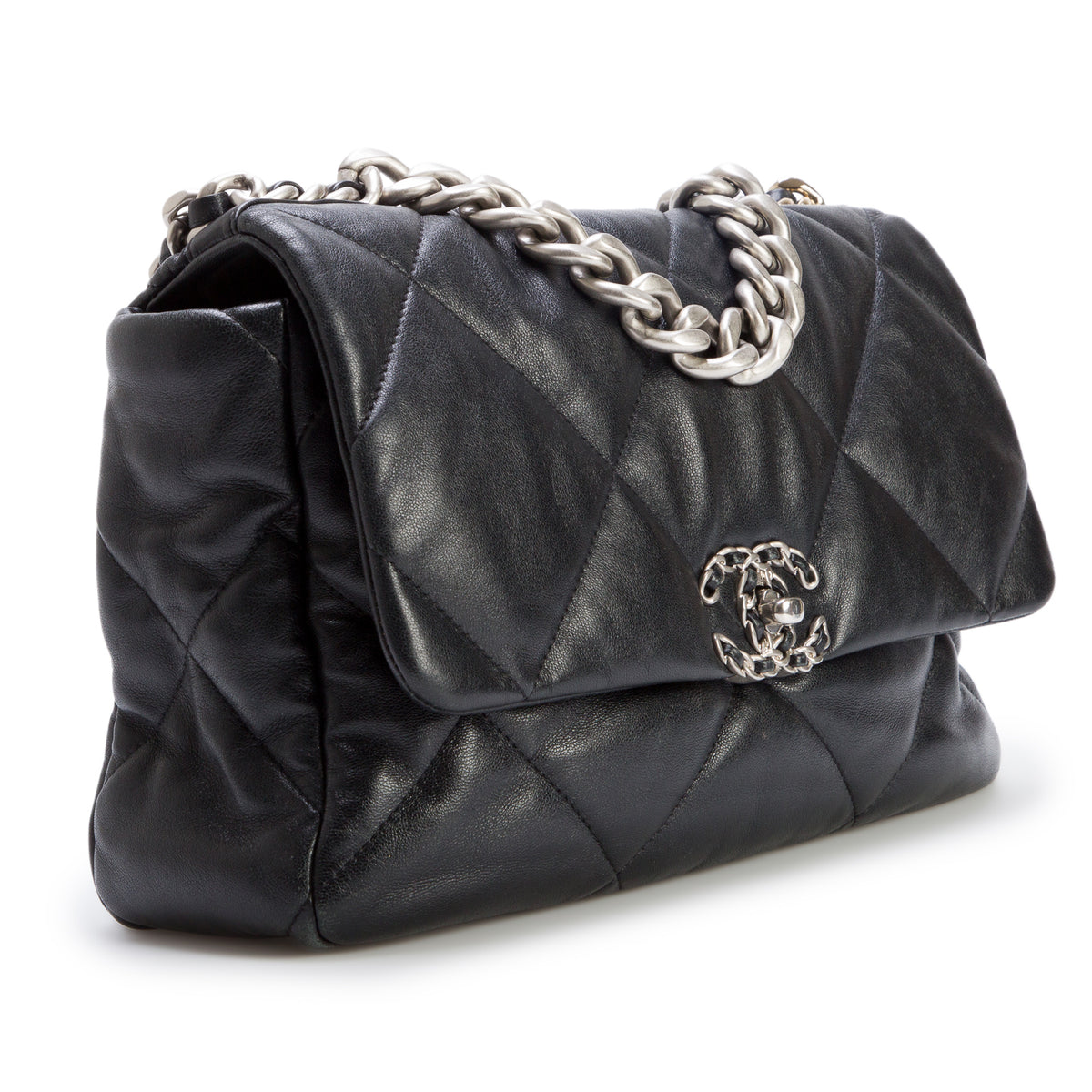 Chanel Black Lambskin Leather Large 19 Flap Bag w/ Box