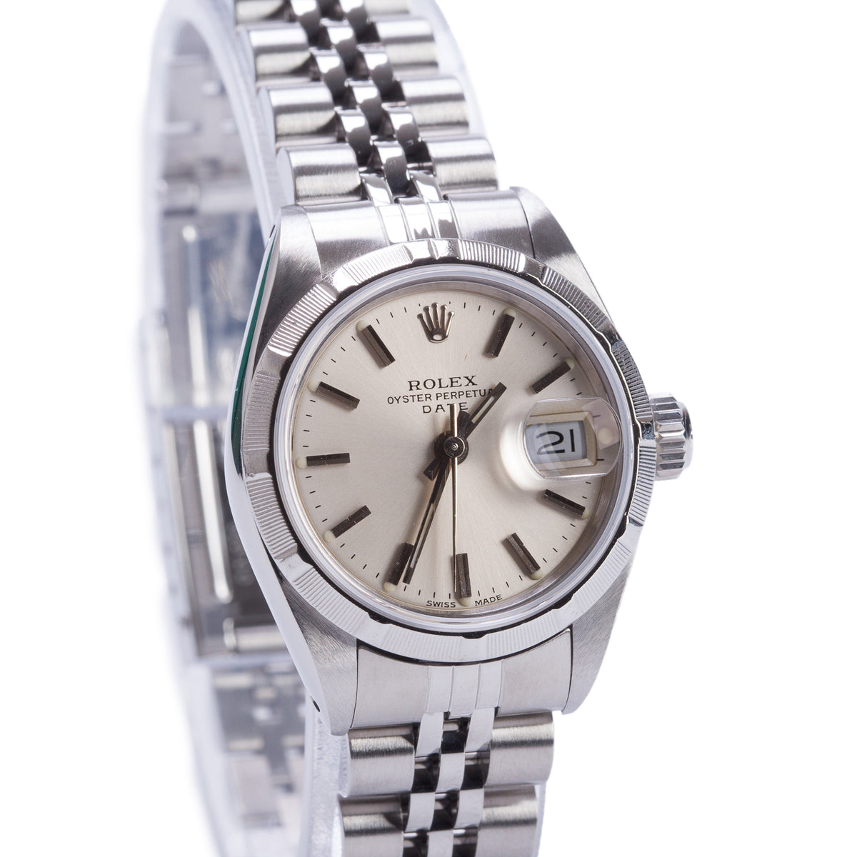 Rolex Stainless Steel Oyster Perpetual Date 26 MM Automatic Watch Silver Dial 69190 w/ Service Papers