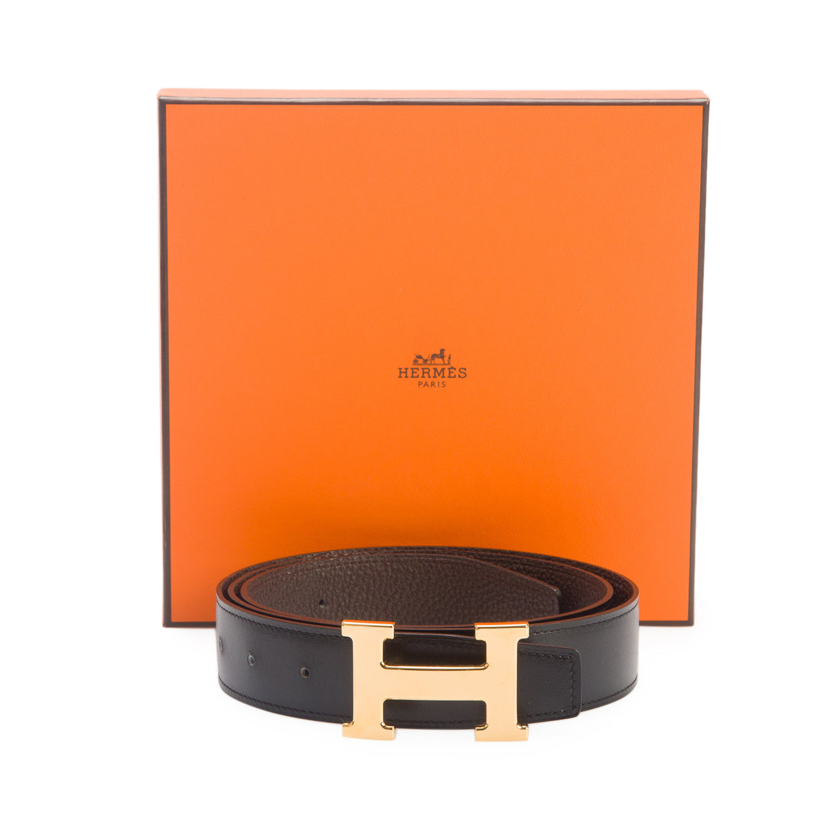 Hermes Noir/Chocolat Box/Togo Reversible Leather 32 MM H Buckle Belt Kit, Size 95 w/ Box & Receipt