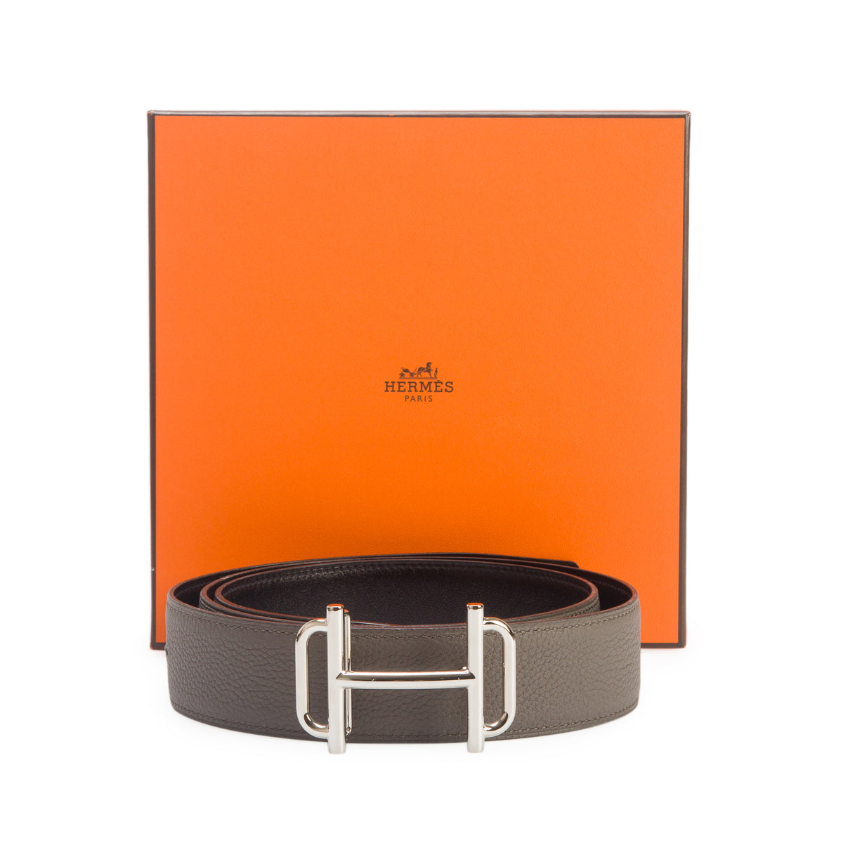 Hermes  Noir/Grey Box/Togo Reversible Leather 38 MM Royal Buckle Belt Kit, Size 100 w/ Box
