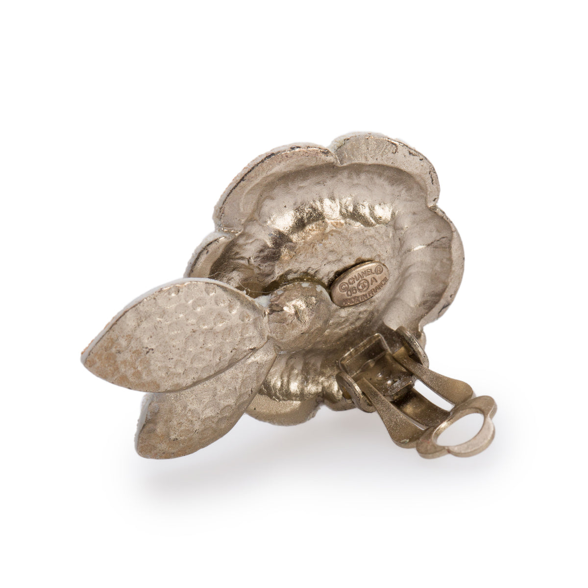 Chanel Silver Plated Faux Pearl & Strass Ivory Ceramic Camellia Flower CC Clip-On Earrings
