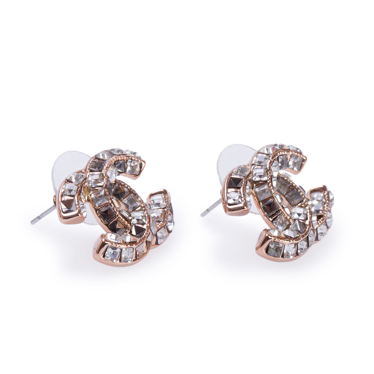 Chanel Rose Gold Plated Strass CC Stud Earrings w/ Box
