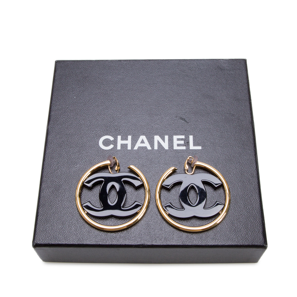 Chanel 2024 Gold Plated Black Resin CC Hoop Earrings w/ Box