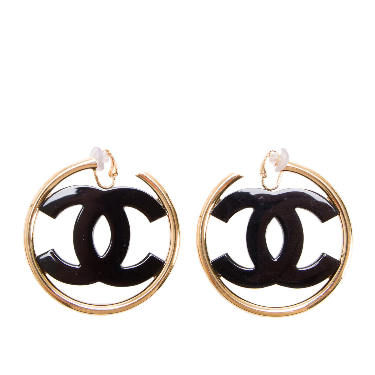 Chanel 2024 Gold Plated Black Resin CC Hoop Earrings w/ Box