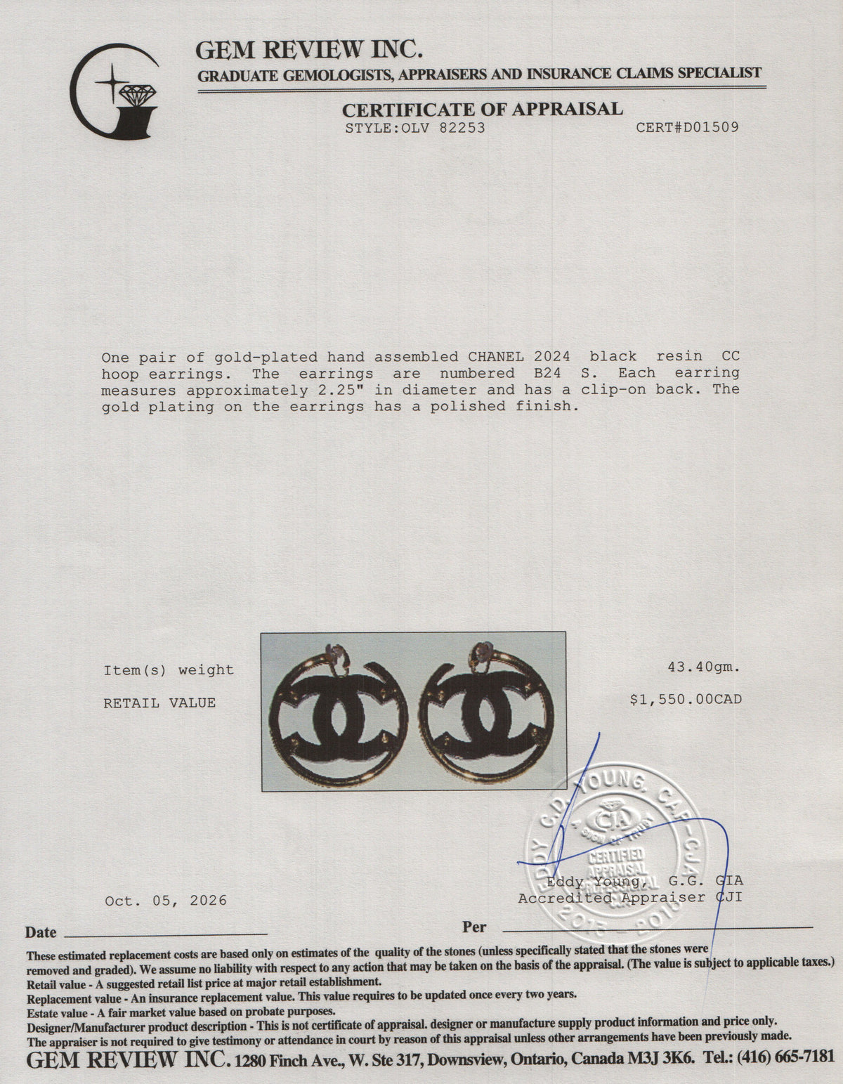 Chanel 2024 Gold Plated Black Resin CC Hoop Earrings w/ Box