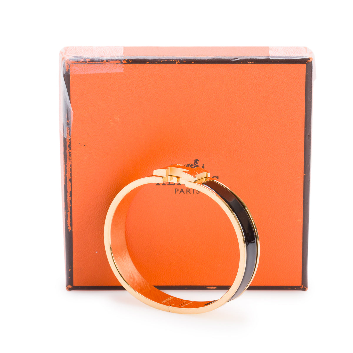 Hermes Gold Plated Black Enamel 12 MM Clic H Bracelet w/ Box