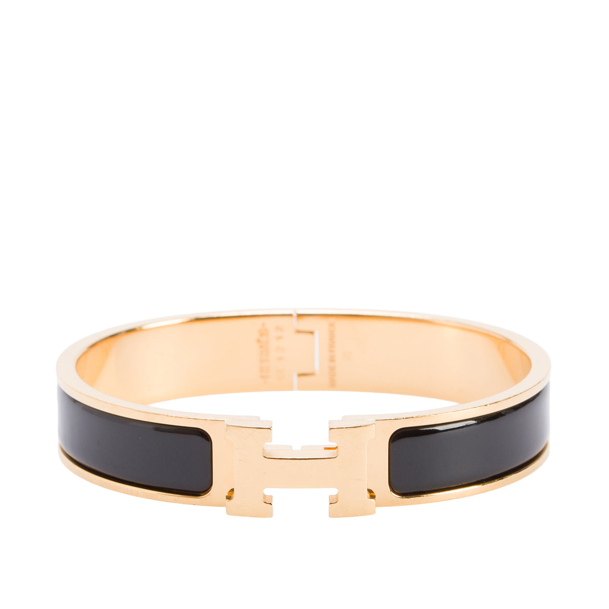Hermes Gold Plated Black Enamel 12 MM Clic H Bracelet w/ Box