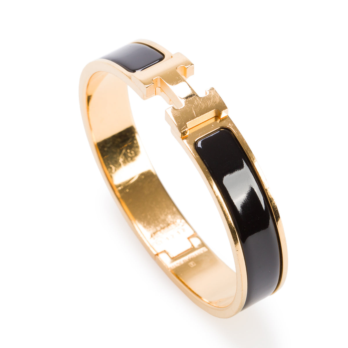 Hermes Gold Plated Black Enamel 12 MM Clic H Bracelet w/ Box