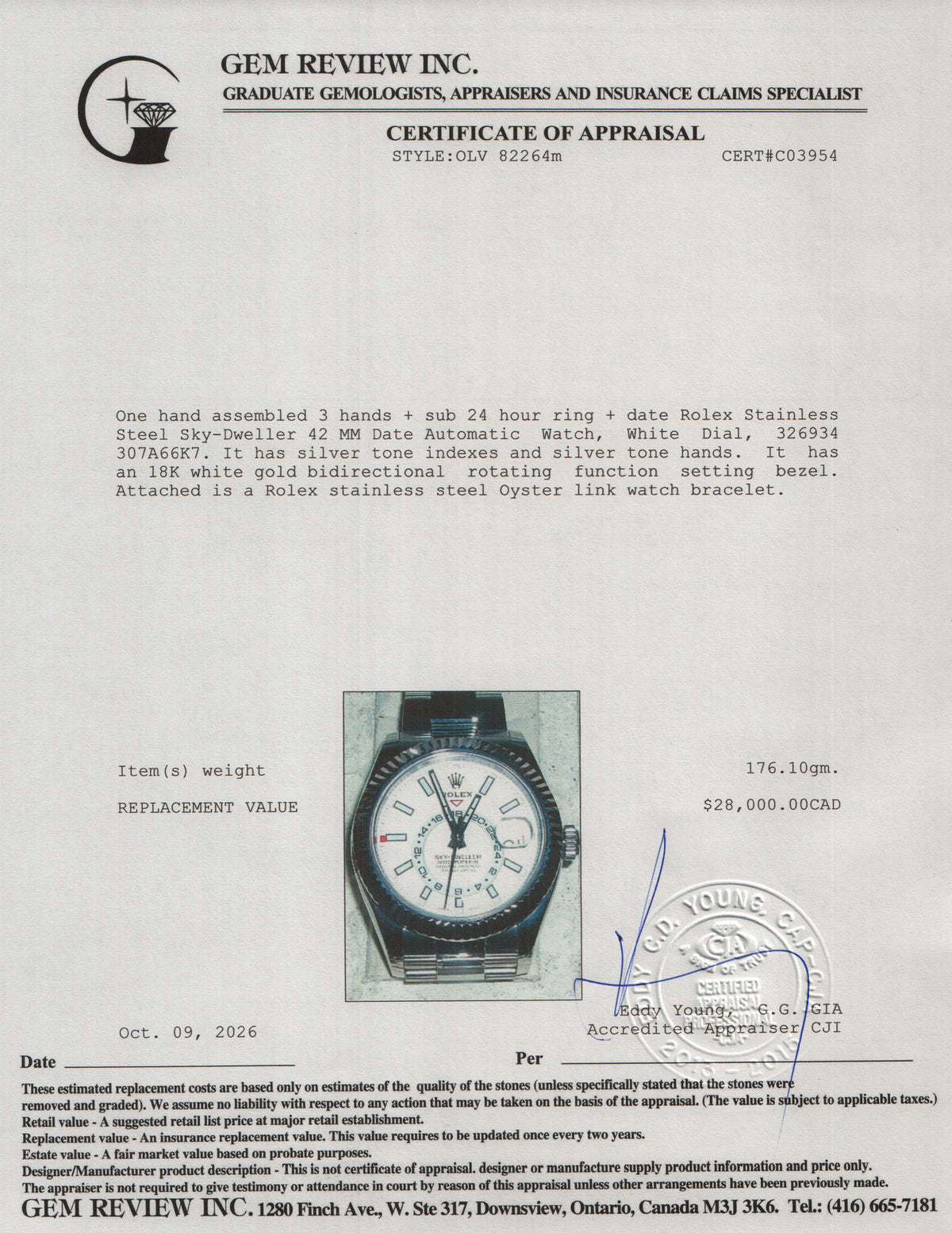 Rolex Stainless Steel Sky-Dweller 42 MM Date Automatic Watch White Dial 326934 w/ Box & Papers