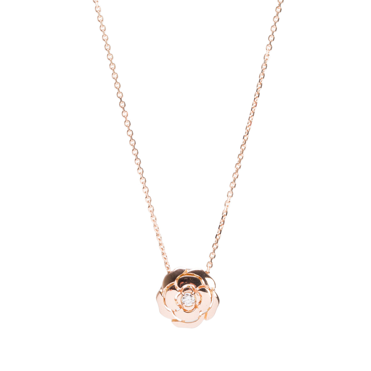 Chanel 2026 18k Rose Gold Diamond Extrait De Camelia Pendant Necklace w/ Box & Receipt