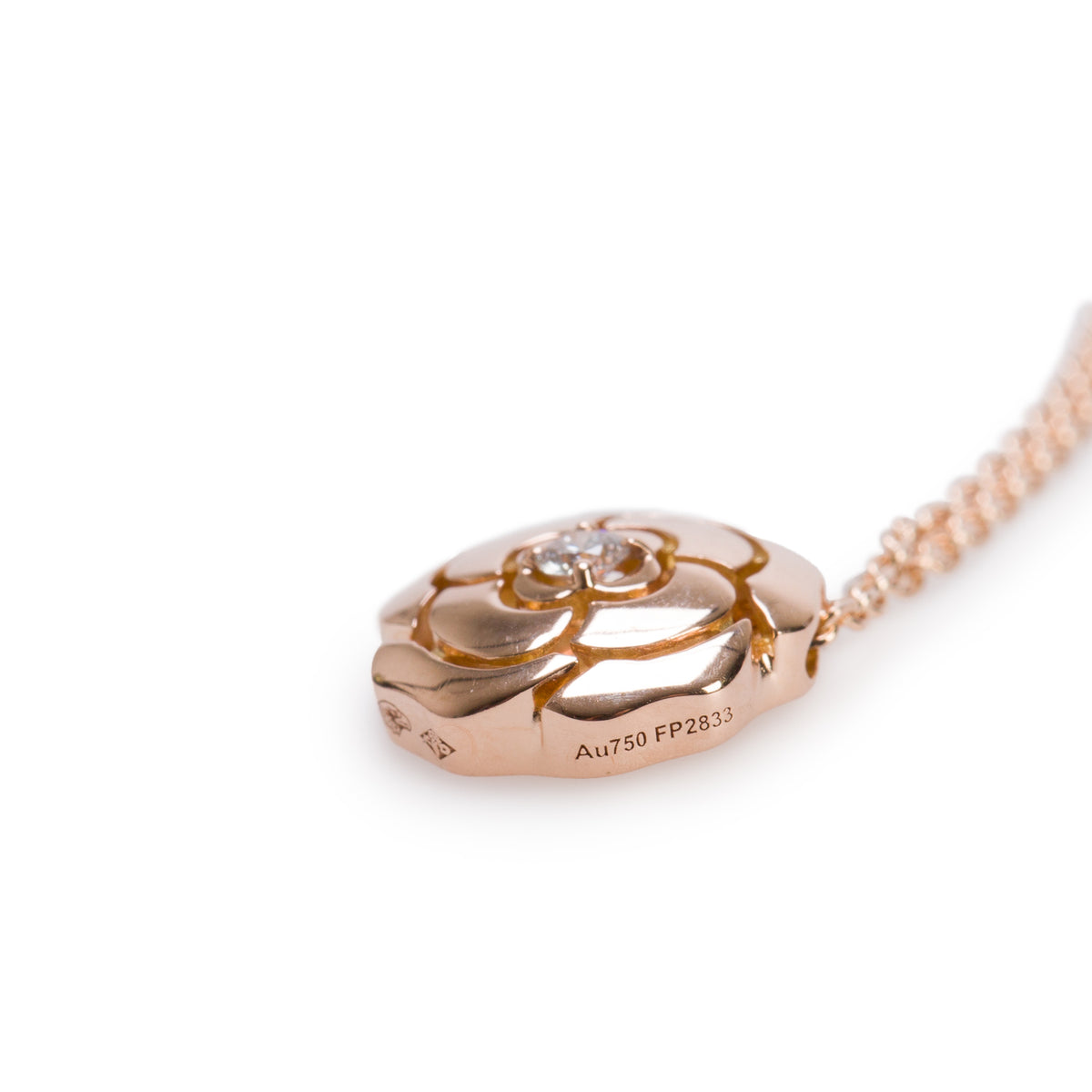 Chanel 2026 18k Rose Gold Diamond Extrait De Camelia Pendant Necklace w/ Box & Receipt