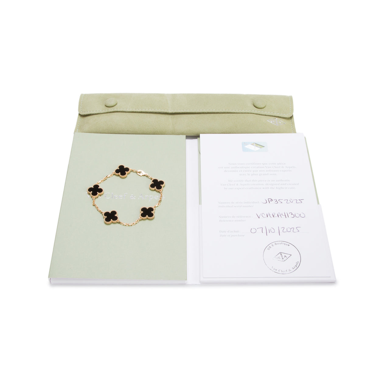 Van Cleef & Arpels 2025 18k Yellow Gold Vintage Alhambra 5 Motif Onyx Bracelet w/ Pouch, Receipt & Certificate