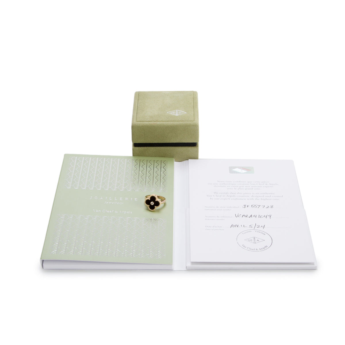 Van Cleef & Arpels 2024 18k Yellow Gold Onyx & Diamond Vintage Alhambra Ring, Size 49 4.75 w/ Box, Receipt & Certificate