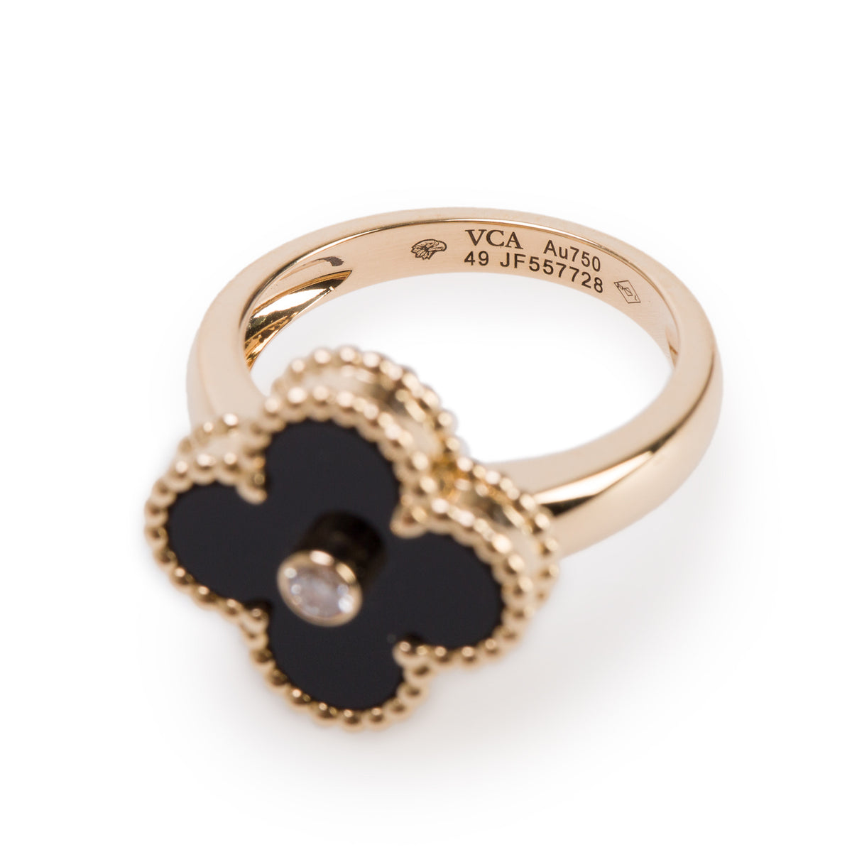 Van Cleef & Arpels 2024 18k Yellow Gold Onyx & Diamond Vintage Alhambra Ring, Size 49 4.75 w/ Box, Receipt & Certificate